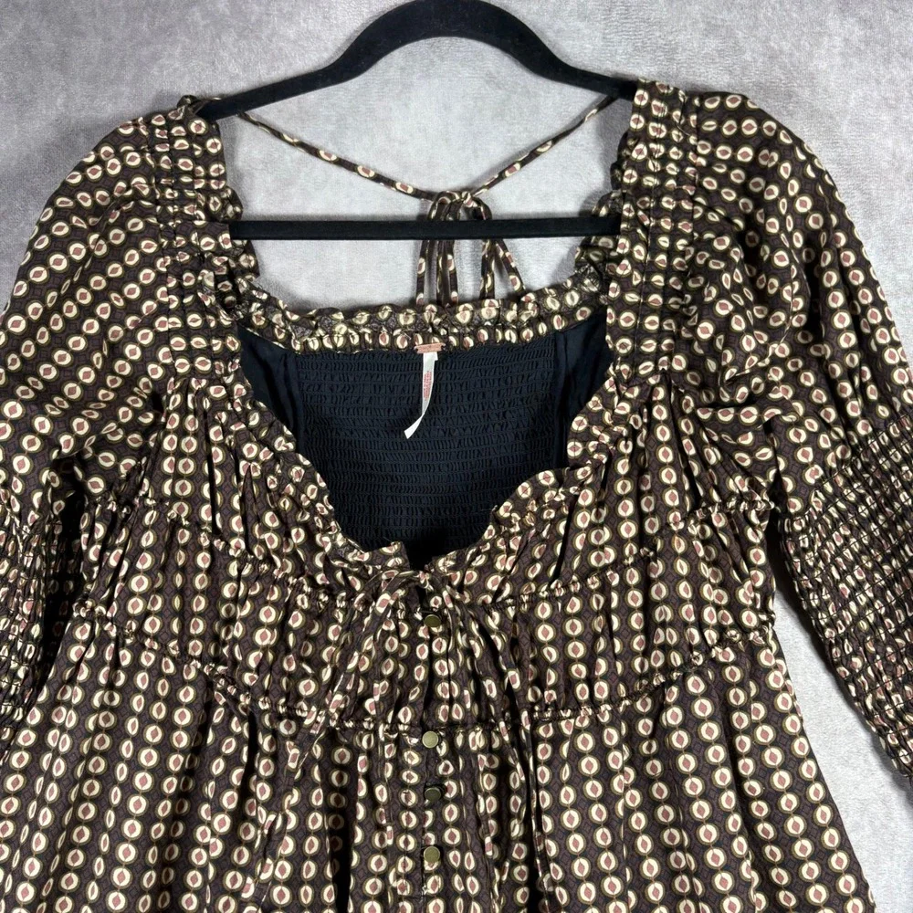 Free People Star Dip Mini Dress Womens Size Small Brown Smocked Boho Long Sleeve